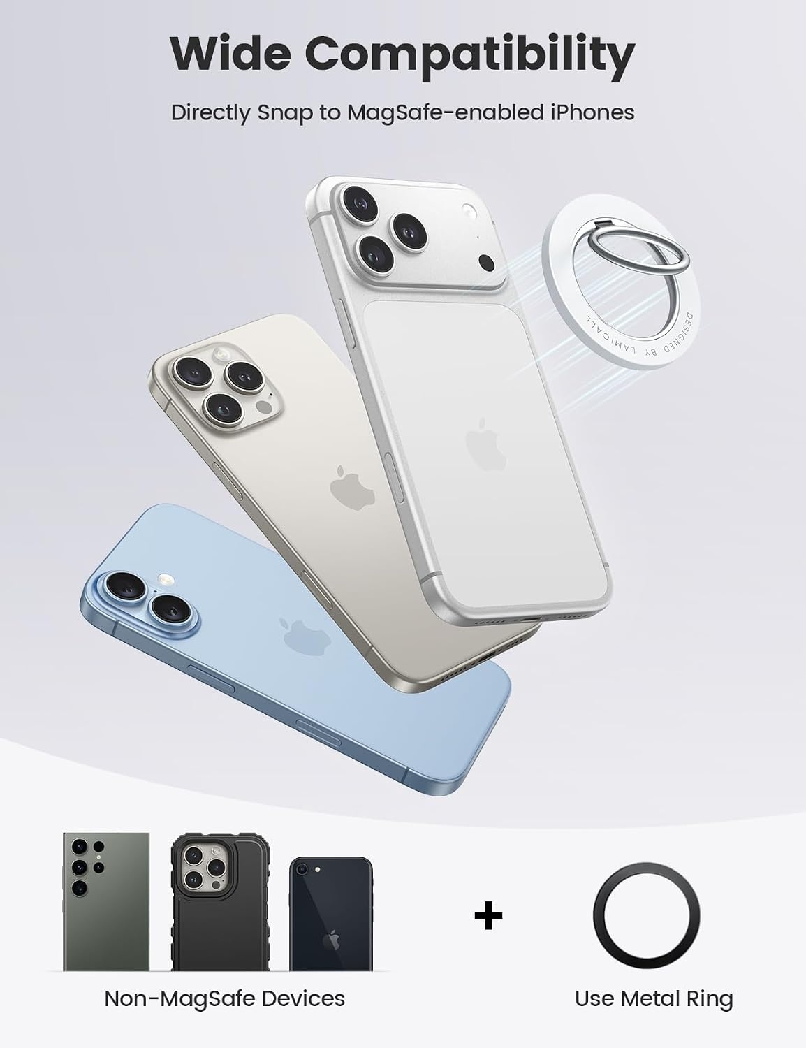 image:imageLamicall Magnetic Phone Grip for MagSafe Accessories Strong Magnet Ring 360 Rotation 1s Snap Finger Hand Holder Stand Kickstand for iPhone 17 16 15 14 13 12 Pro Max Air White Mag Safe DecorPure White