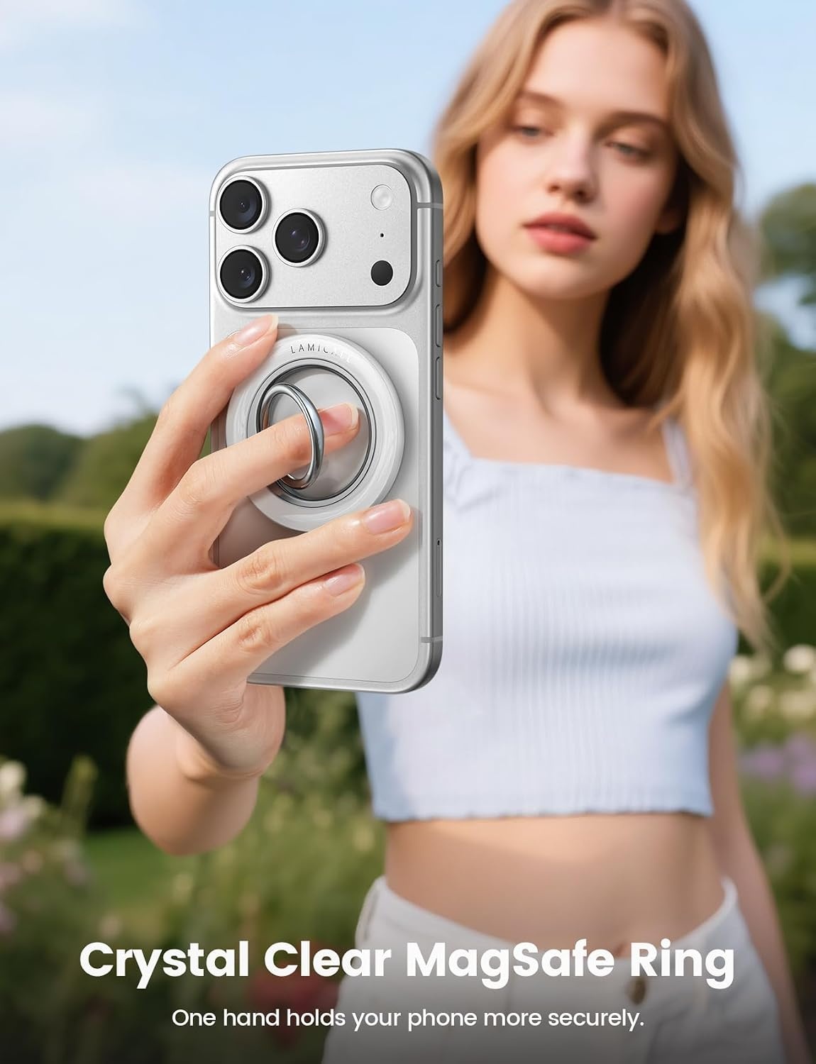 image:imageLamicall Magnetic Phone Grip for MagSafe Accessories Strong Magnet Ring 360 Rotation 1s Snap Finger Hand Holder Stand Kickstand for iPhone 17 16 15 14 13 12 Pro Max Air White Mag Safe DecorCrystal White