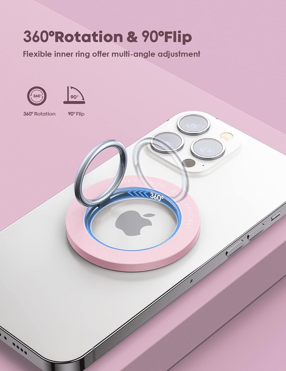 image:imageLamicall Magnetic Phone Grip for MagSafe Accessories Strong Magnet Ring 360 Rotation 1s Snap Finger Hand Holder Stand Kickstand for iPhone 17 16 15 14 13 12 Pro Max Air White Mag Safe DecorPastel Pink