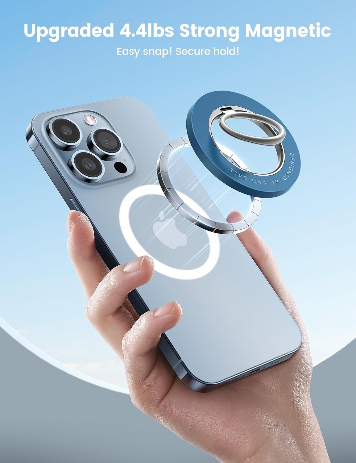 image:imageLamicall Magnetic Phone Grip for MagSafe Accessories Strong Magnet Ring 360 Rotation 1s Snap Finger Hand Holder Stand Kickstand for iPhone 17 16 15 14 13 12 Pro Max Air White Mag Safe DecorDeep Blue