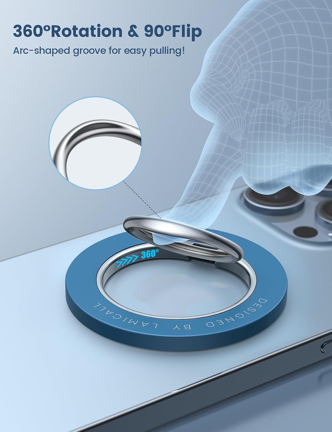 image:imageLamicall Magnetic Phone Grip for MagSafe Accessories Strong Magnet Ring 360 Rotation 1s Snap Finger Hand Holder Stand Kickstand for iPhone 17 16 15 14 13 12 Pro Max Air White Mag Safe DecorDeep Blue