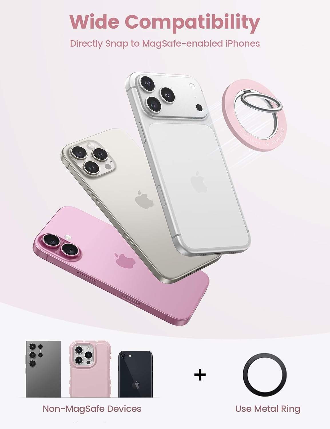 image:imageLamicall Magnetic Phone Grip for MagSafe Accessories Strong Magnet Ring 360 Rotation 1s Snap Finger Hand Holder Stand Kickstand for iPhone 17 16 15 14 13 12 Pro Max Air White Mag Safe DecorPastel Pink