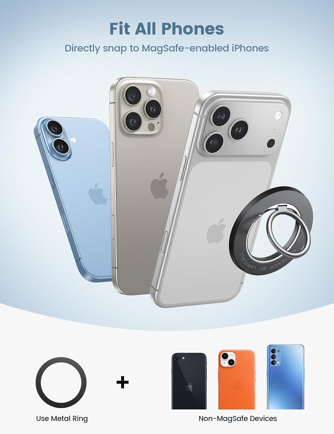 image:imageLamicall Magnetic Phone Grip for MagSafe Accessories Strong Magnet Ring 360 Rotation 1s Snap Finger Hand Holder Stand Kickstand for iPhone 17 16 15 14 13 12 Pro Max Air White Mag Safe DecorMisty Black