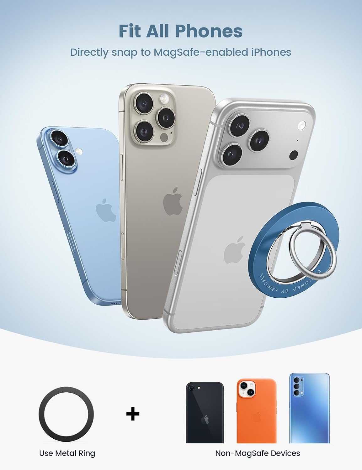 image:imageLamicall Magnetic Phone Grip for MagSafe Accessories Strong Magnet Ring 360 Rotation 1s Snap Finger Hand Holder Stand Kickstand for iPhone 17 16 15 14 13 12 Pro Max Air White Mag Safe DecorDeep Blue