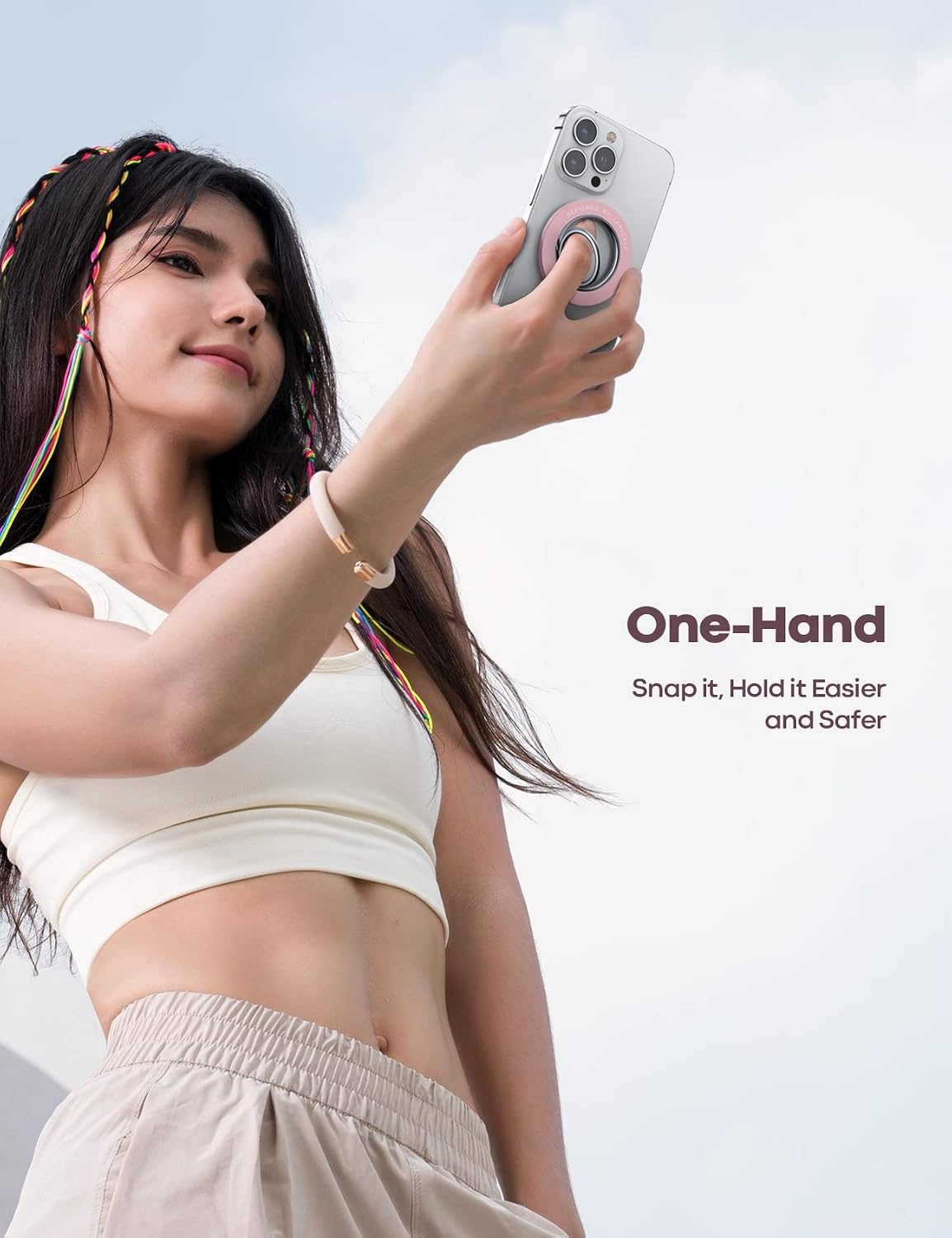 image:imageLamicall Magnetic Phone Grip for MagSafe Accessories Strong Magnet Ring 360 Rotation 1s Snap Finger Hand Holder Stand Kickstand for iPhone 17 16 15 14 13 12 Pro Max Air White Mag Safe DecorPastel Pink