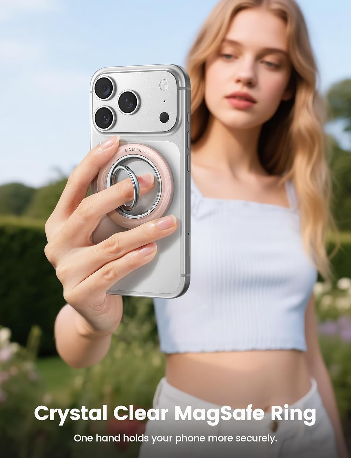 image:imageLamicall Magnetic Phone Grip for MagSafe Accessories Strong Magnet Ring 360 Rotation 1s Snap Finger Hand Holder Stand Kickstand for iPhone 17 16 15 14 13 12 Pro Max Air White Mag Safe DecorCrystal Pink
