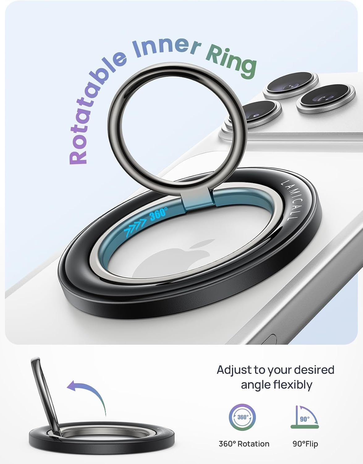 image:imageLamicall Magnetic Phone Grip for MagSafe Accessories Strong Magnet Ring 360 Rotation 1s Snap Finger Hand Holder Stand Kickstand for iPhone 17 16 15 14 13 12 Pro Max Air White Mag Safe DecorCrystal Black