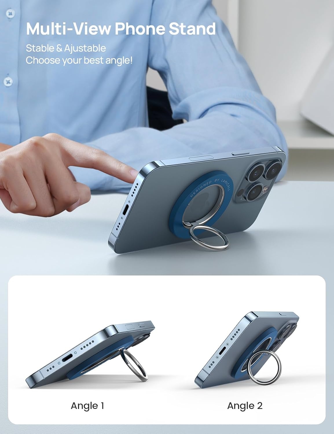 image:imageLamicall Magnetic Phone Grip for MagSafe Accessories Strong Magnet Ring 360 Rotation 1s Snap Finger Hand Holder Stand Kickstand for iPhone 17 16 15 14 13 12 Pro Max Air White Mag Safe DecorDeep Blue
