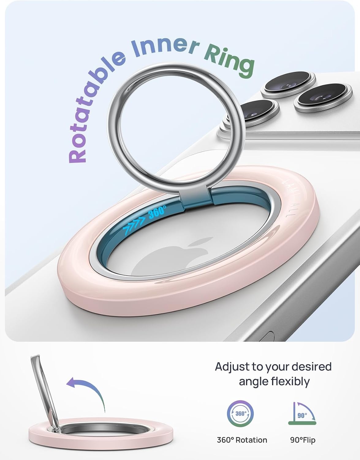 image:imageLamicall Magnetic Phone Grip for MagSafe Accessories Strong Magnet Ring 360 Rotation 1s Snap Finger Hand Holder Stand Kickstand for iPhone 17 16 15 14 13 12 Pro Max Air White Mag Safe DecorCrystal Pink