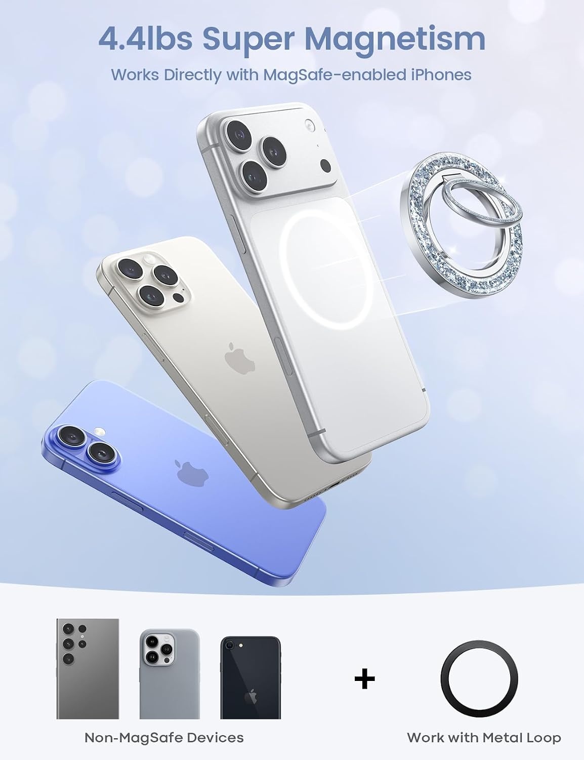 image:imageLamicall Magnetic Phone Ring for MagSafe Super Magnet Glitter Silver Grip 360 Rotating Durable Gear Hinge Stylish Ring Stand for iPhone 17 16 15 Pro Max Air Mag Safe Decor Accessories for MotherPretty Silver
