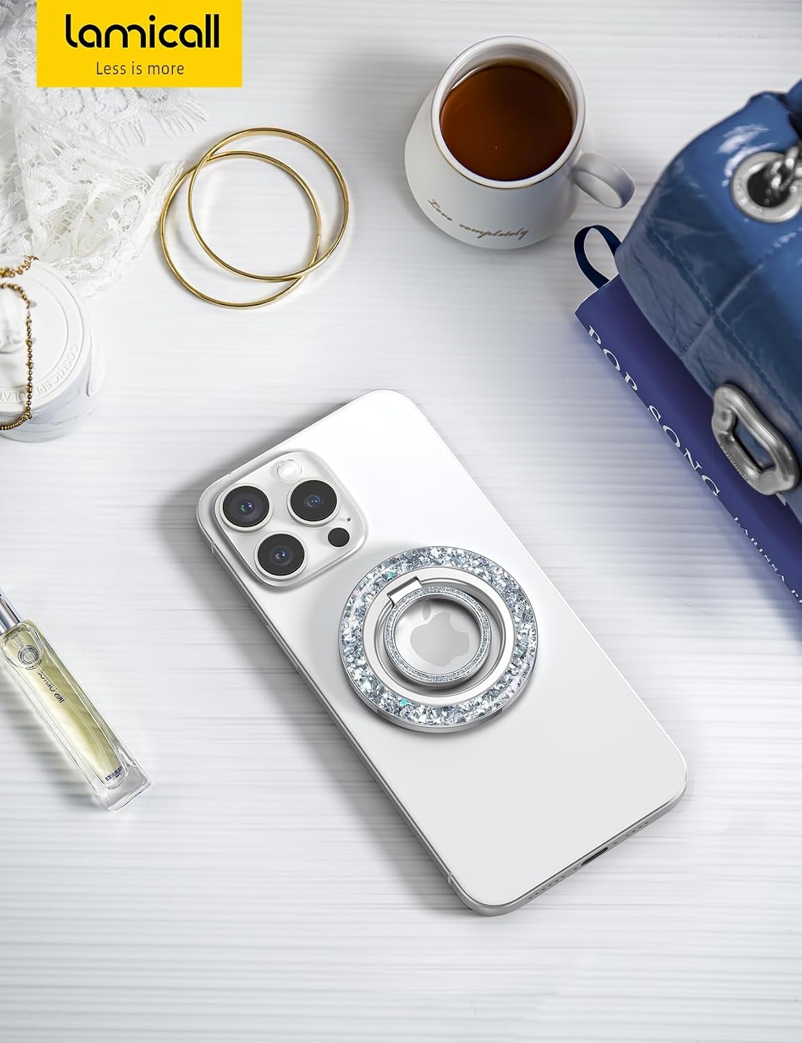 image:imageLamicall Magnetic Phone Ring for MagSafe Super Magnet Glitter Silver Grip 360 Rotating Durable Gear Hinge Stylish Ring Stand for iPhone 17 16 15 Pro Max Air Mag Safe Decor Accessories for MotherPretty Silver