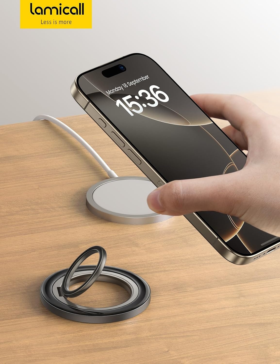 image:imageLamicall Magnetic Phone Ring for MagSafe Super Magnet Glitter Silver Grip 360 Rotating Durable Gear Hinge Stylish Ring Stand for iPhone 17 16 15 Pro Max Air Mag Safe Decor Accessories for MotherCrystal Black