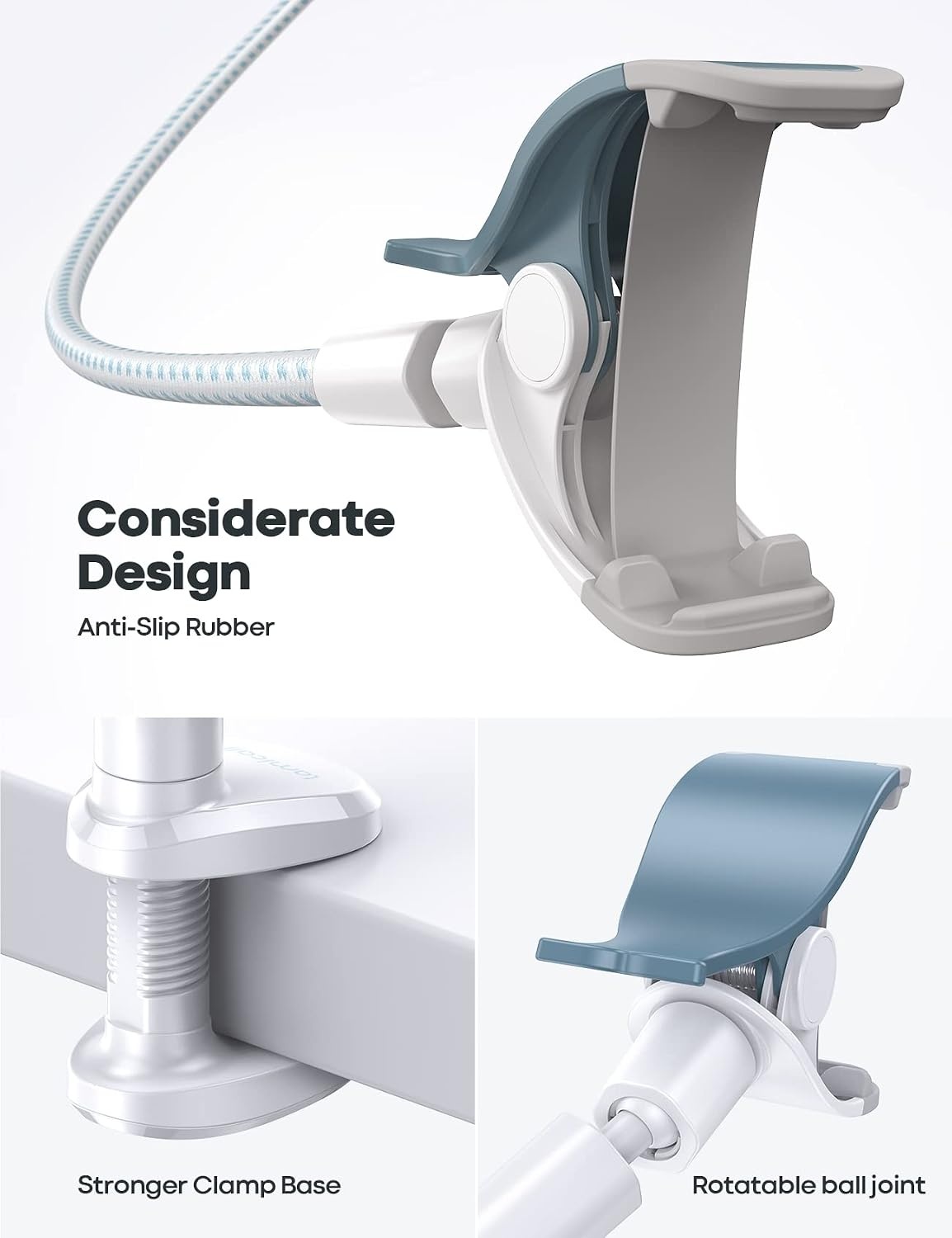image:imageLamicall Nylon Braided Gooseneck Phone Holder for Bed 38 Overall Length 360 Rotating Phone Clamp Aluminum Core Flexible Arm Stable HandsFree Viewing for Bed Desk Headboard Fits 47 PhonesWhite