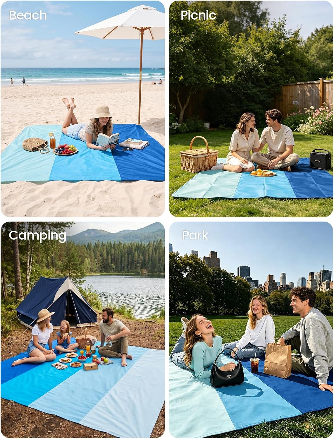 image:imageLamicall Oversized Lightweight Sandproof Waterproof Beach Blanket Sand Free QuickDry Beach Mat Ripstop Nylon Fabric Compact Attached Pouch 5 Metal Stakes amp 4 Sand Pockets Outdoor PicnicBlue