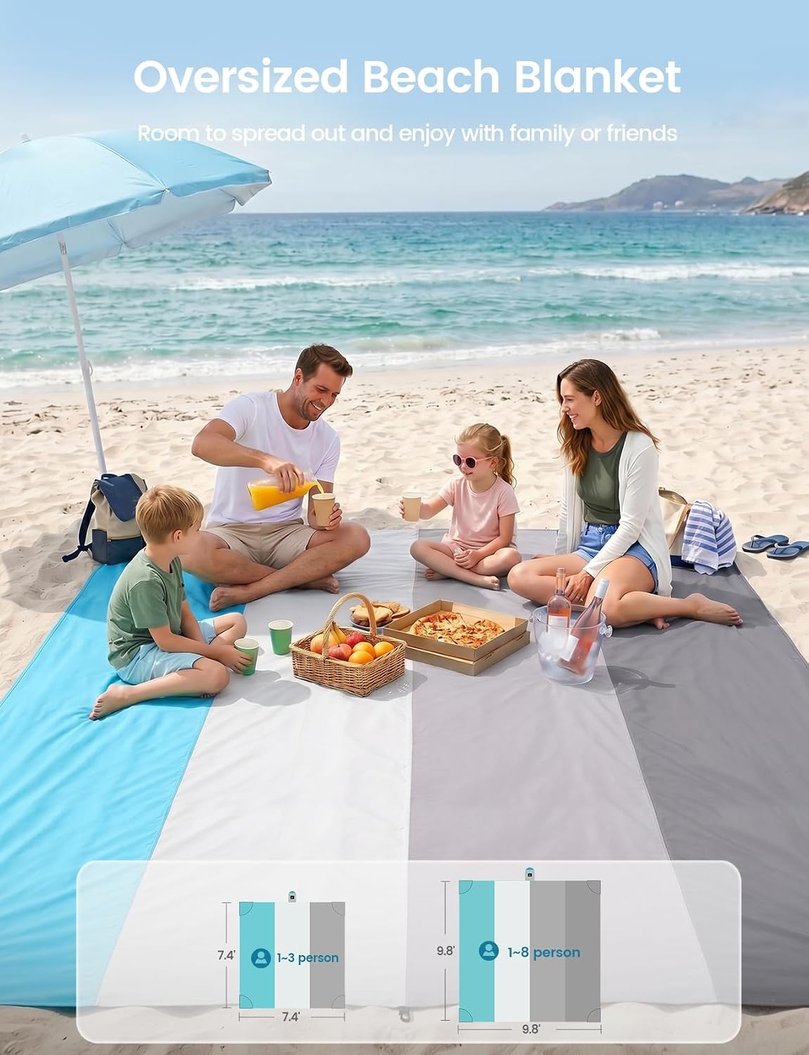 image:imageLamicall Oversized Lightweight Sandproof Waterproof Beach Blanket Sand Free QuickDry Beach Mat Ripstop Nylon Fabric Compact Attached Pouch 5 Metal Stakes amp 4 Sand Pockets Outdoor PicnicGray