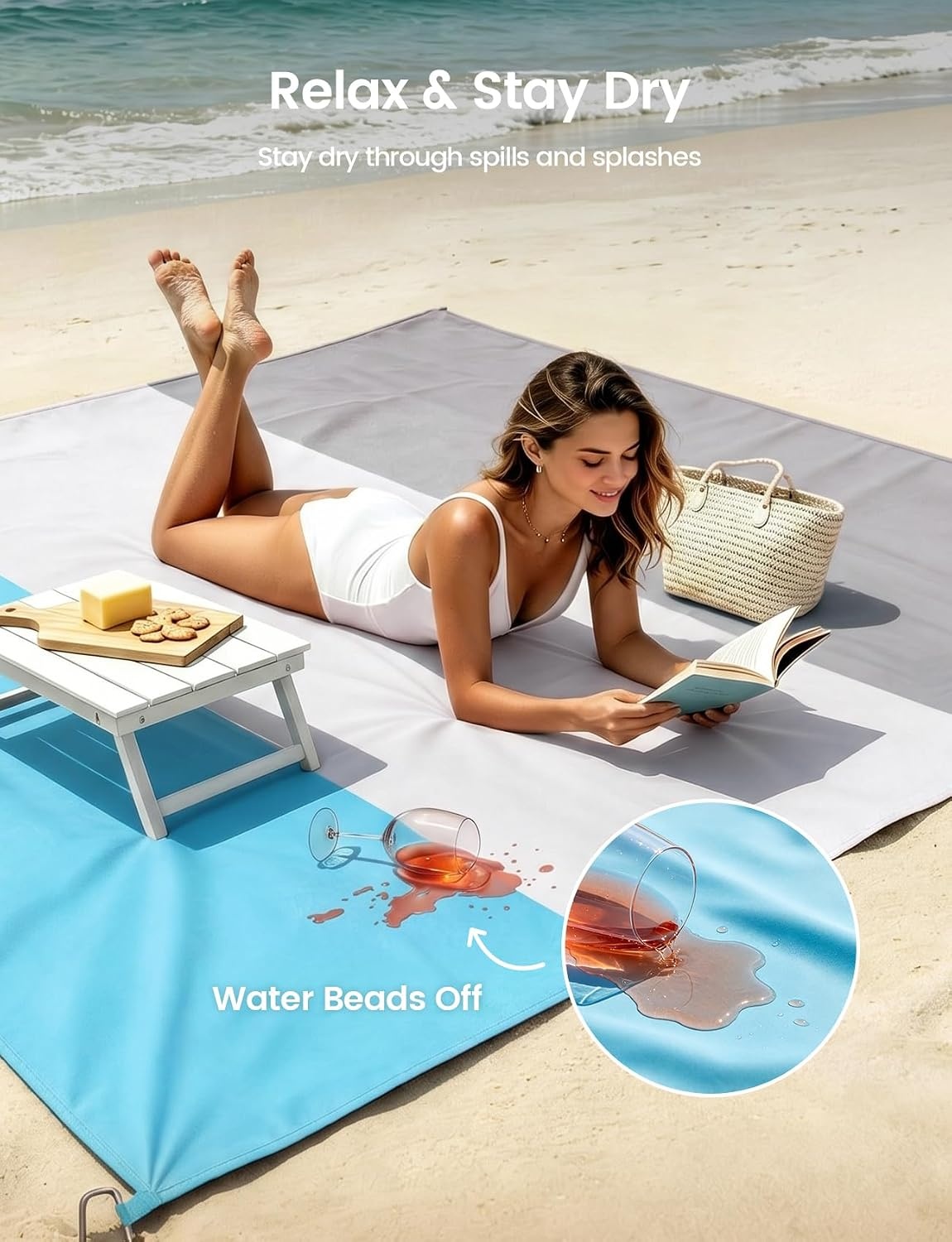 image:imageLamicall Oversized Lightweight Sandproof Waterproof Beach Blanket Sand Free QuickDry Beach Mat Ripstop Nylon Fabric Compact Attached Pouch 5 Metal Stakes amp 4 Sand Pockets Outdoor PicnicGray