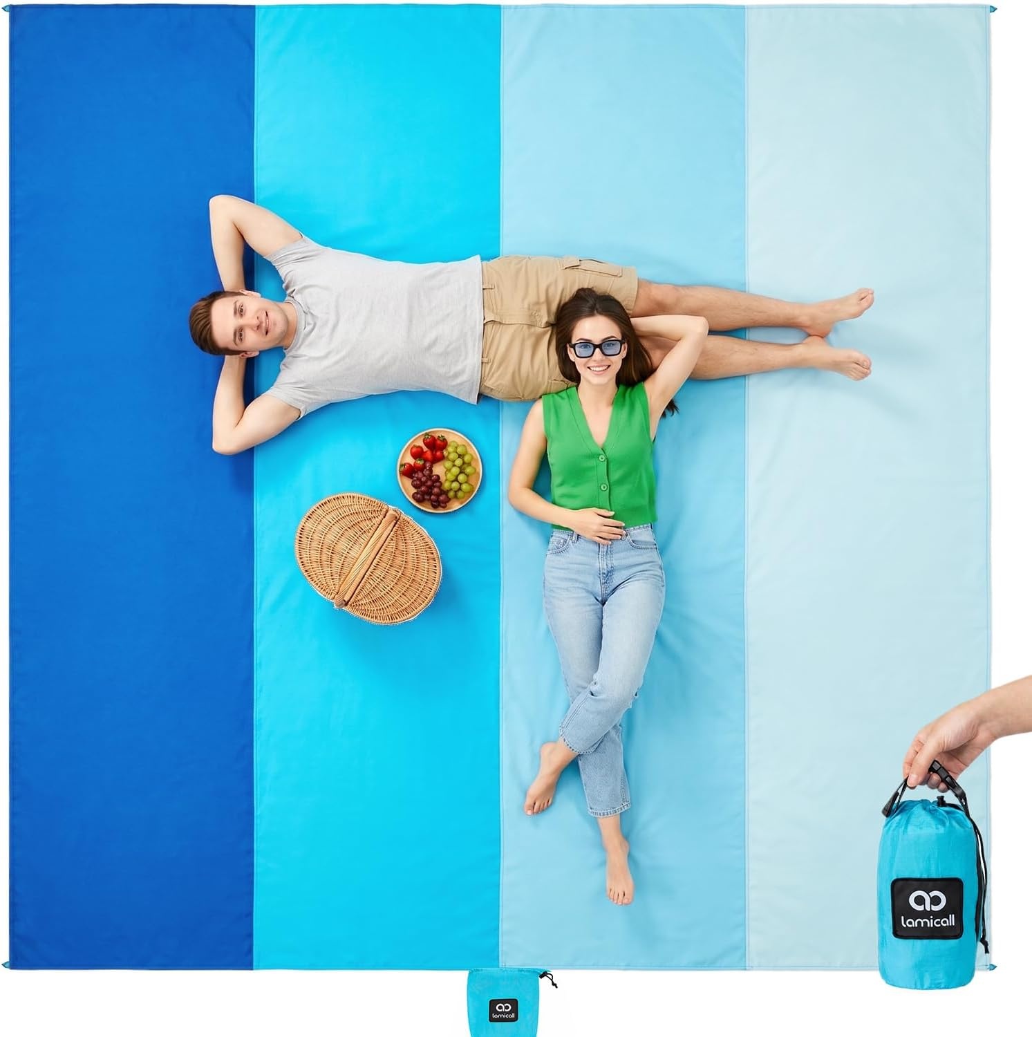 image:imageLamicall Oversized Lightweight Sandproof Waterproof Beach Blanket Sand Free QuickDry Beach Mat Ripstop Nylon Fabric Compact Attached Pouch 5 Metal Stakes amp 4 Sand Pockets Outdoor PicnicBlue