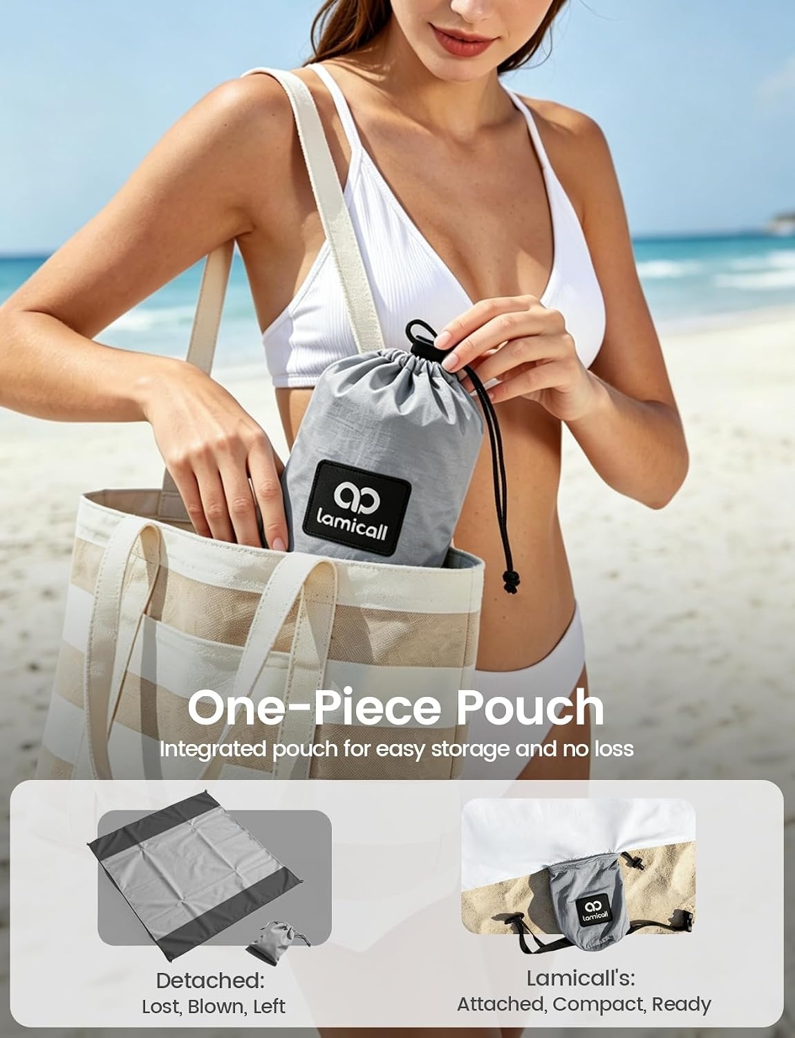 image:imageLamicall Oversized Lightweight Sandproof Waterproof Beach Blanket Sand Free QuickDry Beach Mat Ripstop Nylon Fabric Compact Attached Pouch 5 Metal Stakes amp 4 Sand Pockets Outdoor PicnicGray