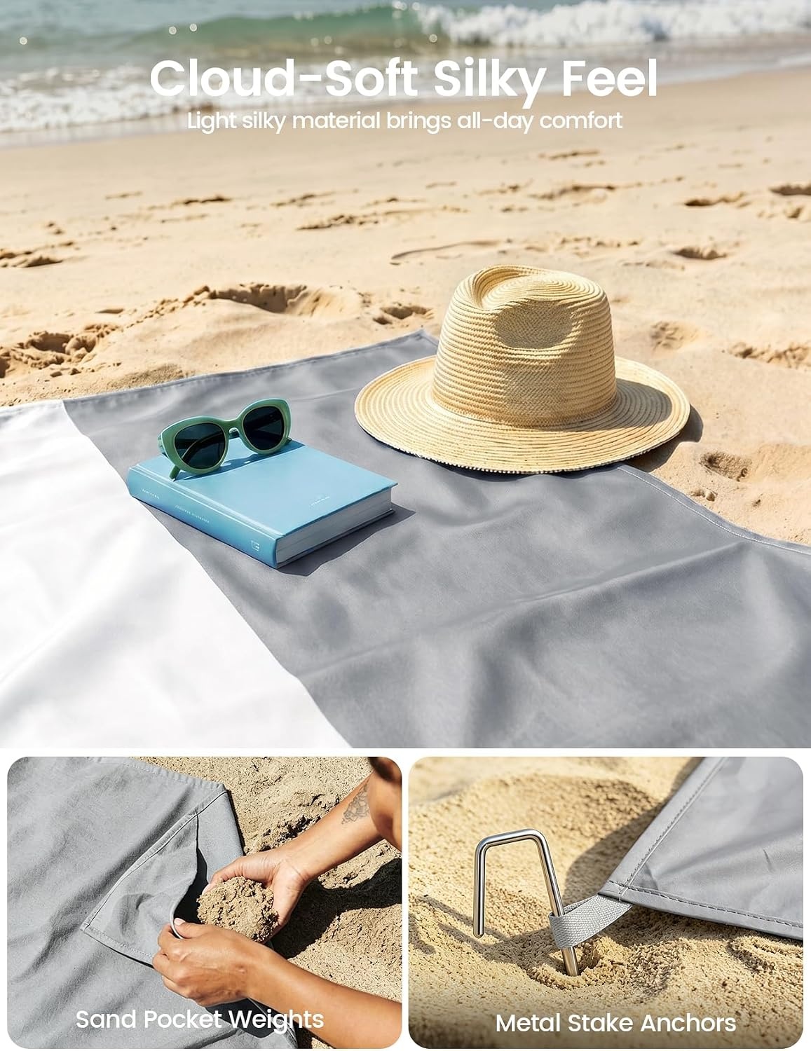 image:imageLamicall Oversized Lightweight Sandproof Waterproof Beach Blanket Sand Free QuickDry Beach Mat Ripstop Nylon Fabric Compact Attached Pouch 5 Metal Stakes amp 4 Sand Pockets Outdoor PicnicGray