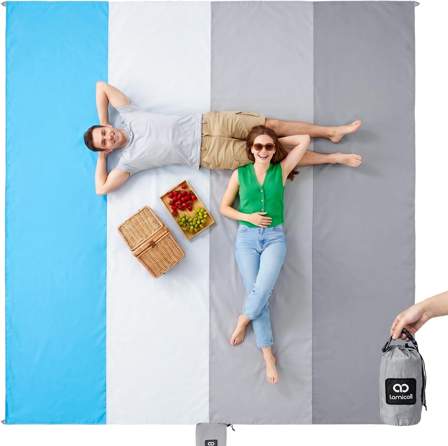image:imageLamicall Oversized Lightweight Sandproof Waterproof Beach Blanket Sand Free QuickDry Beach Mat Ripstop Nylon Fabric Compact Attached Pouch 5 Metal Stakes amp 4 Sand Pockets Outdoor PicnicGray