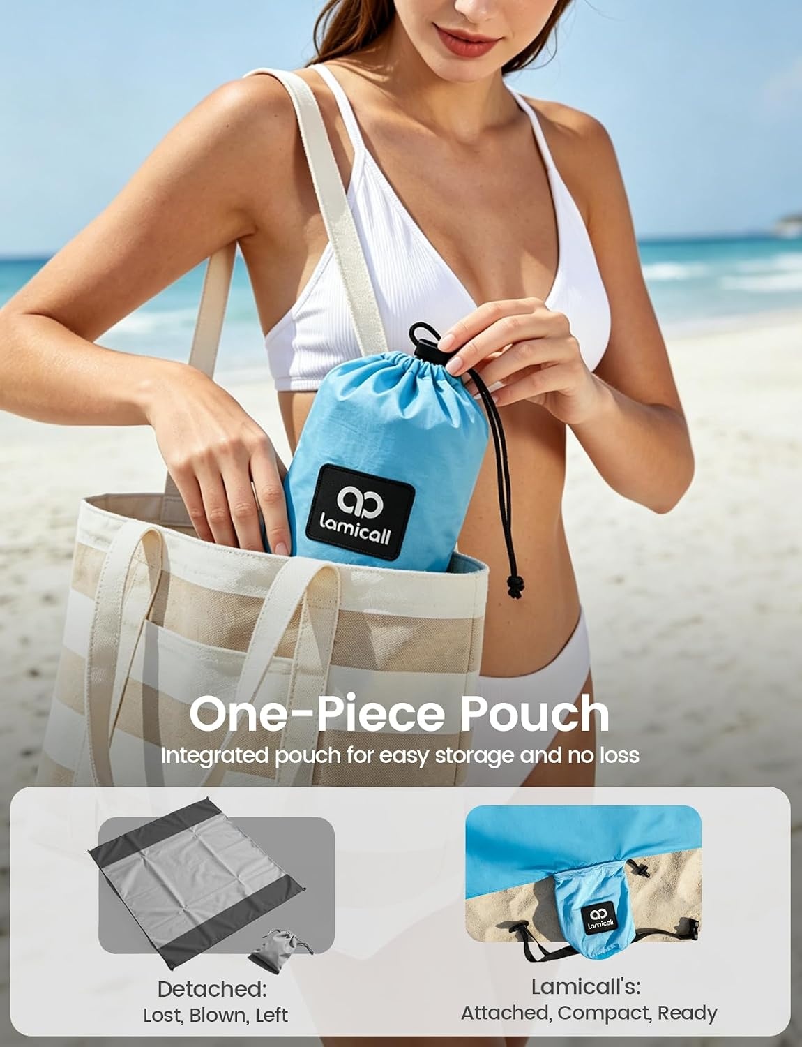 image:imageLamicall Oversized Lightweight Sandproof Waterproof Beach Blanket Sand Free QuickDry Beach Mat Ripstop Nylon Fabric Compact Attached Pouch 5 Metal Stakes amp 4 Sand Pockets Outdoor PicnicBlue