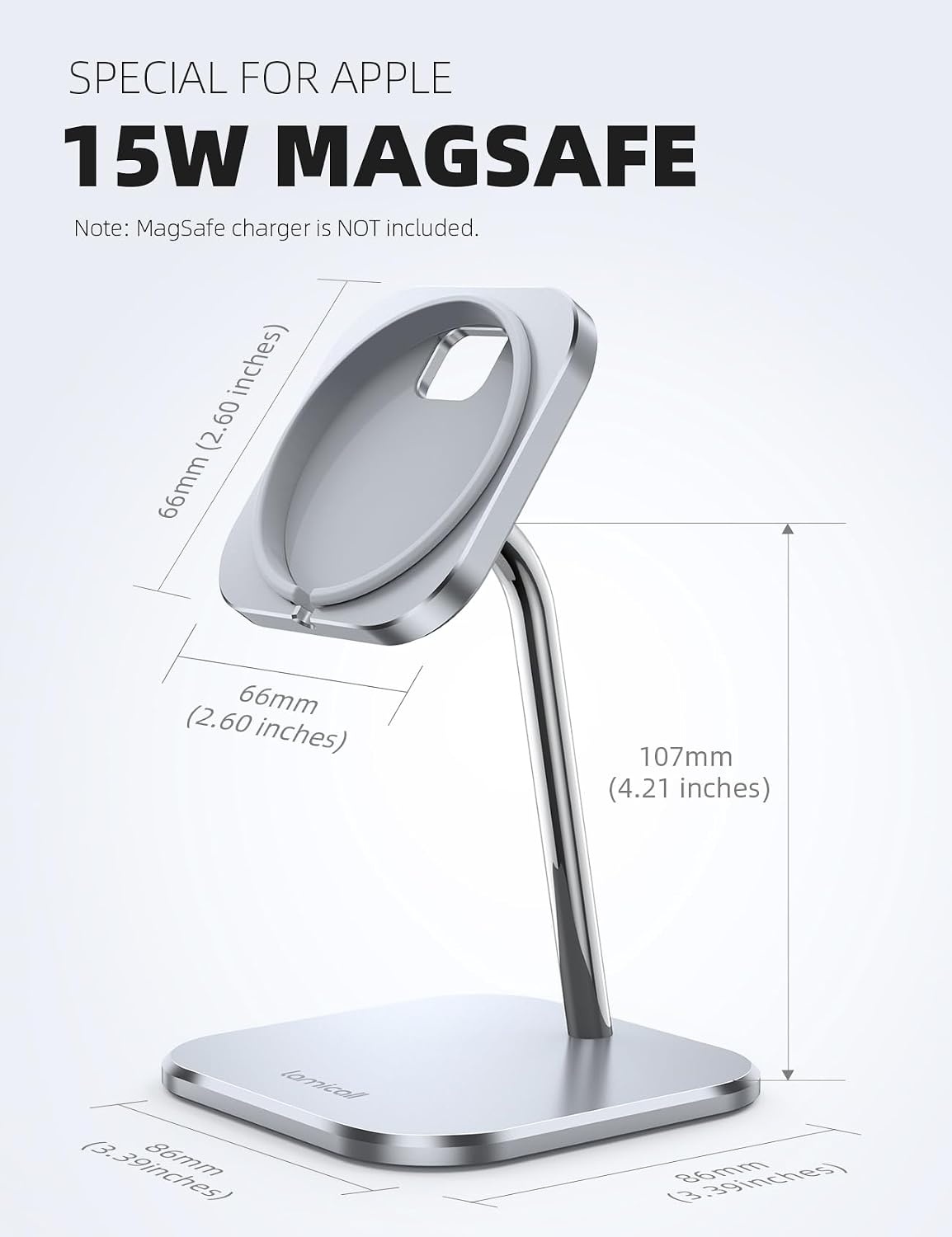 image:imageLamicall Phone Stand for Apple 15W MagSafe Charger Charger Not Included 360 Rotation Adjustable Aluminum Charging Holder Dock for Desk Compatible with iPhone 17 16 15 14 Air Pro Pro Max Plusfor 15W Charger