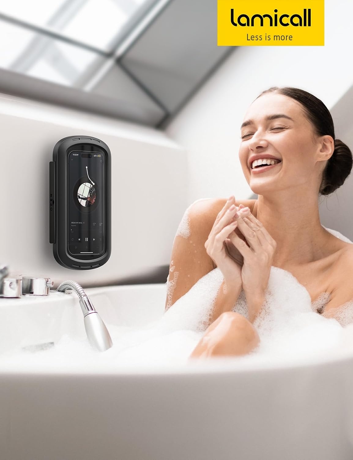 image:imageLamicall Shower Phone Holder with Speaker Holes IPX6 Waterpoof Case Stand Bigger Size Clear Sound 480 Rotation Bathroom Wall Mount Accessories for iPhone 17 Pro Max S26 Ultra 47 PhonesClassic Black