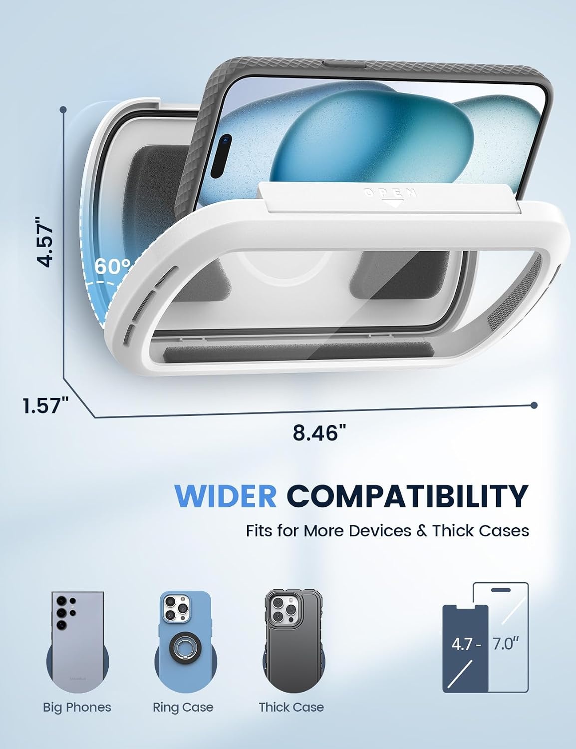 image:imageLamicall Shower Phone Holder with Speaker Holes IPX6 Waterpoof Case Stand Bigger Size Clear Sound 480 Rotation Bathroom Wall Mount Accessories for iPhone 17 Pro Max S26 Ultra 47 PhonesSnow White
