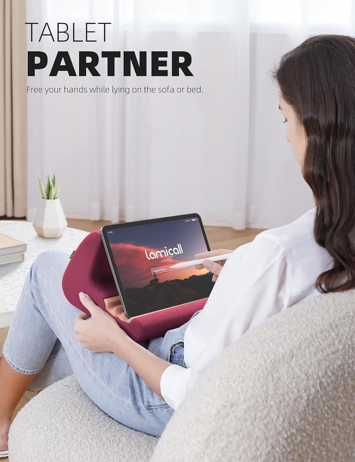 image:imageLamicall Tablet Stand Pillow Holder Tablet Pillow Soft Pad for Bed Tablet Lap Stand with Stylus Mount amp Pocket for iPad Pro 129 Air Mini Kindle Galaxy Tab and 413 Devices GrayDark Red