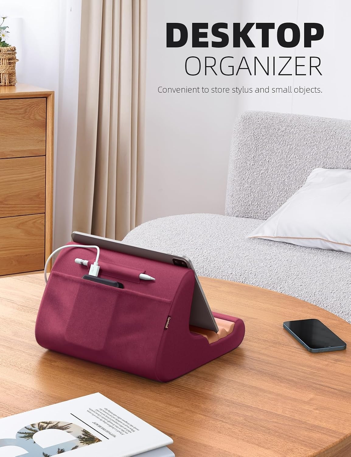 image:imageLamicall Tablet Stand Pillow Holder Tablet Pillow Soft Pad for Bed Tablet Lap Stand with Stylus Mount amp Pocket for iPad Pro 129 Air Mini Kindle Galaxy Tab and 413 Devices GrayDark Red