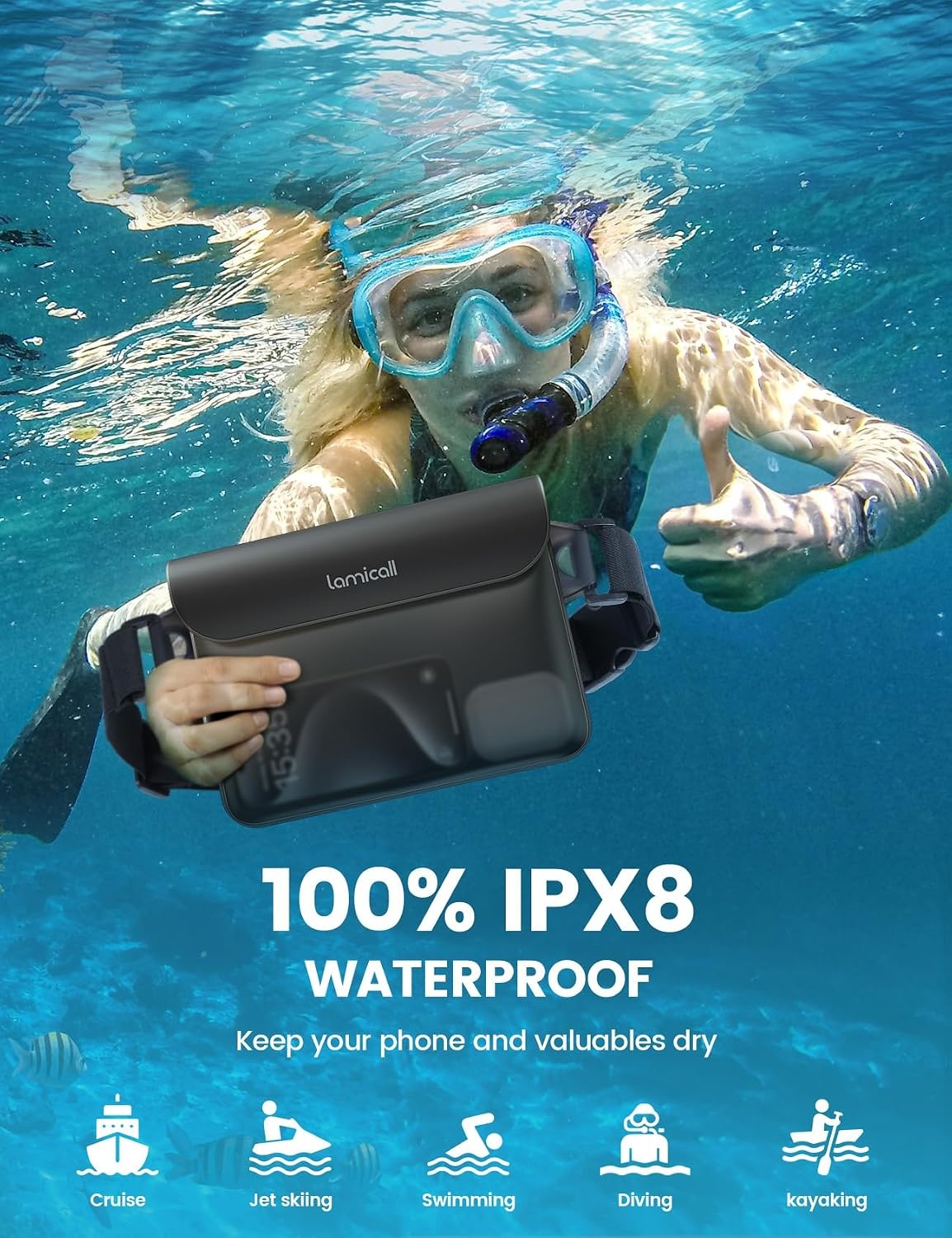 image:imageLamicall Waterproof Fanny Pack Cruise Essentials 2025 Elastic Waist Strap Dry Bag Pouch Travel Boat Paddle Kayak Beach Swimming Accessories 87 for iPhone 17 16 15 14 13 Pro Max Air