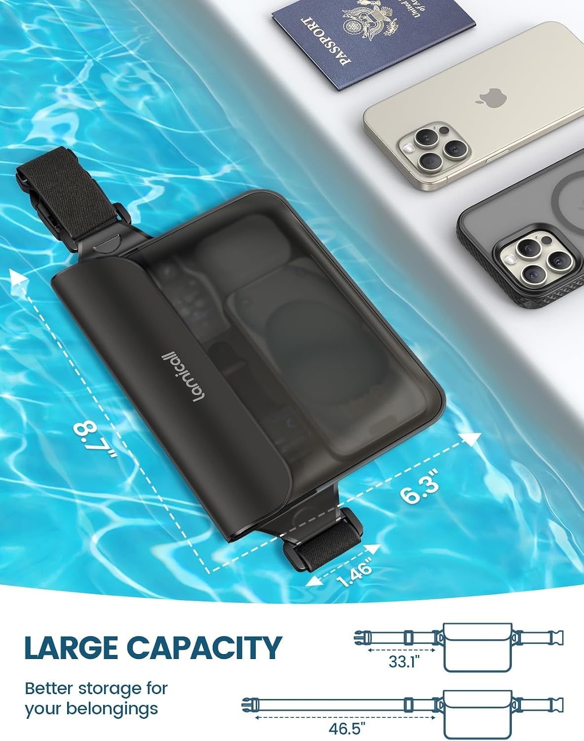 image:imageLamicall Waterproof Fanny Pack Cruise Essentials 2025 Elastic Waist Strap Dry Bag Pouch Travel Boat Paddle Kayak Beach Swimming Accessories 87 for iPhone 17 16 15 14 13 Pro Max Air