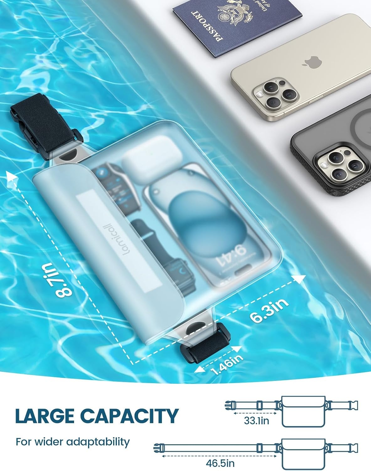 image:imageLamicall Waterproof Fanny Pack Pouch Large 87 Capacity fits iPad Mini amp iPhone 17 16 15 Pro Max with Case IPX8 Submersible Dry Bag for Cruise Essentials Snorkeling Kayaking Black 2PackClear Clear Elastic Strap
