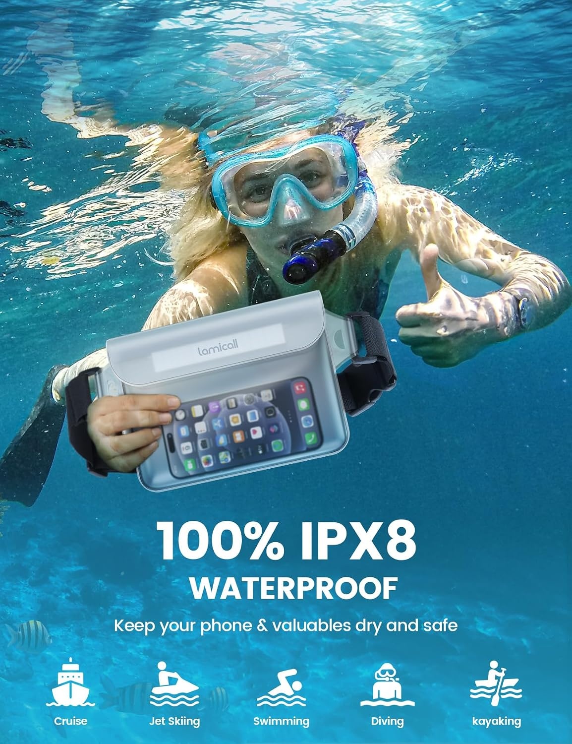 image:imageLamicall Waterproof Fanny Pack Pouch Large 87 Capacity fits iPad Mini amp iPhone 17 16 15 Pro Max with Case IPX8 Submersible Dry Bag for Cruise Essentials Snorkeling Kayaking Black 2PackClear Clear Elastic Strap