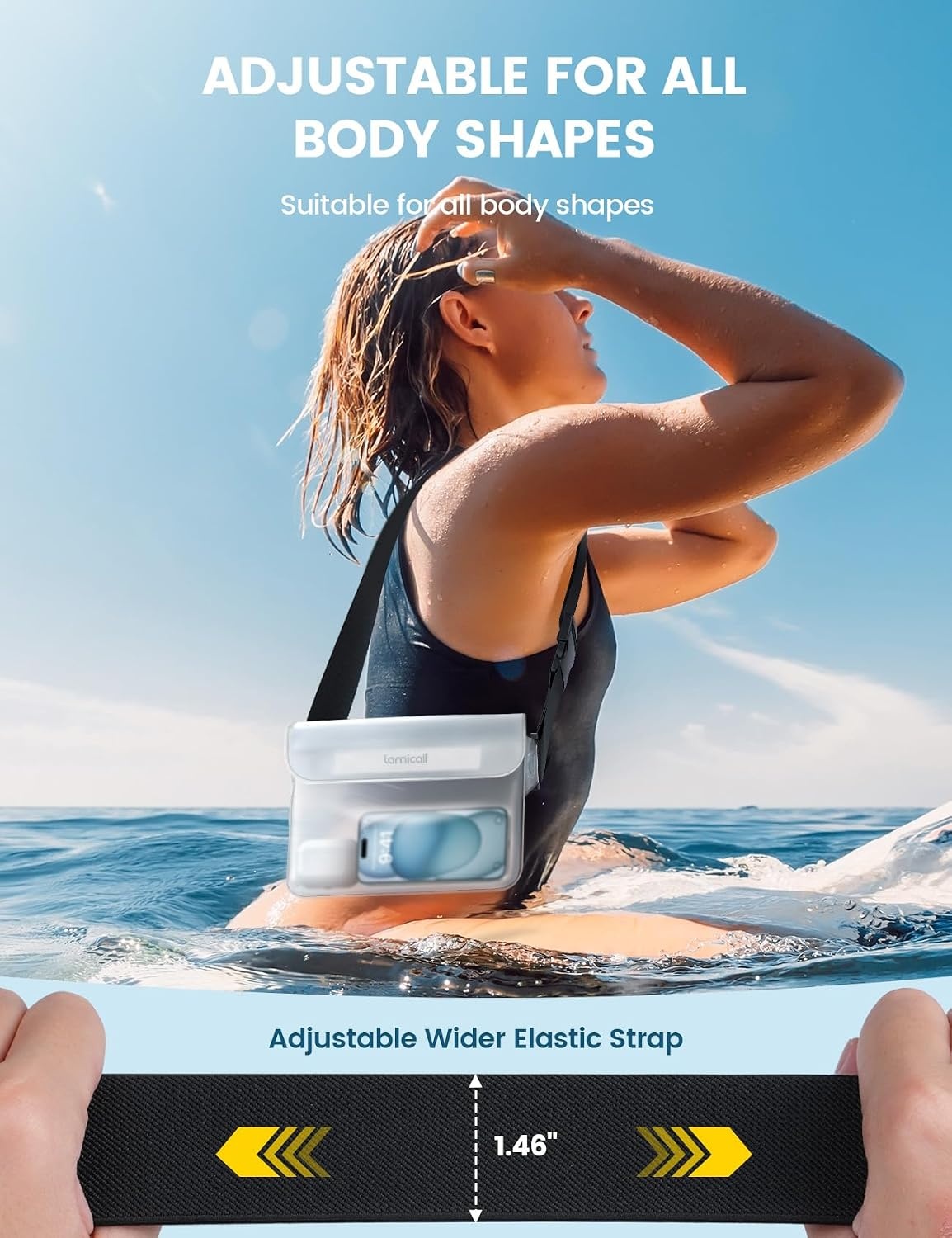 image:imageLamicall Waterproof Fanny Pack Pouch Large 87 Capacity fits iPad Mini amp iPhone 17 16 15 Pro Max with Case IPX8 Submersible Dry Bag for Cruise Essentials Snorkeling Kayaking Black 2PackClear Clear Elastic Strap