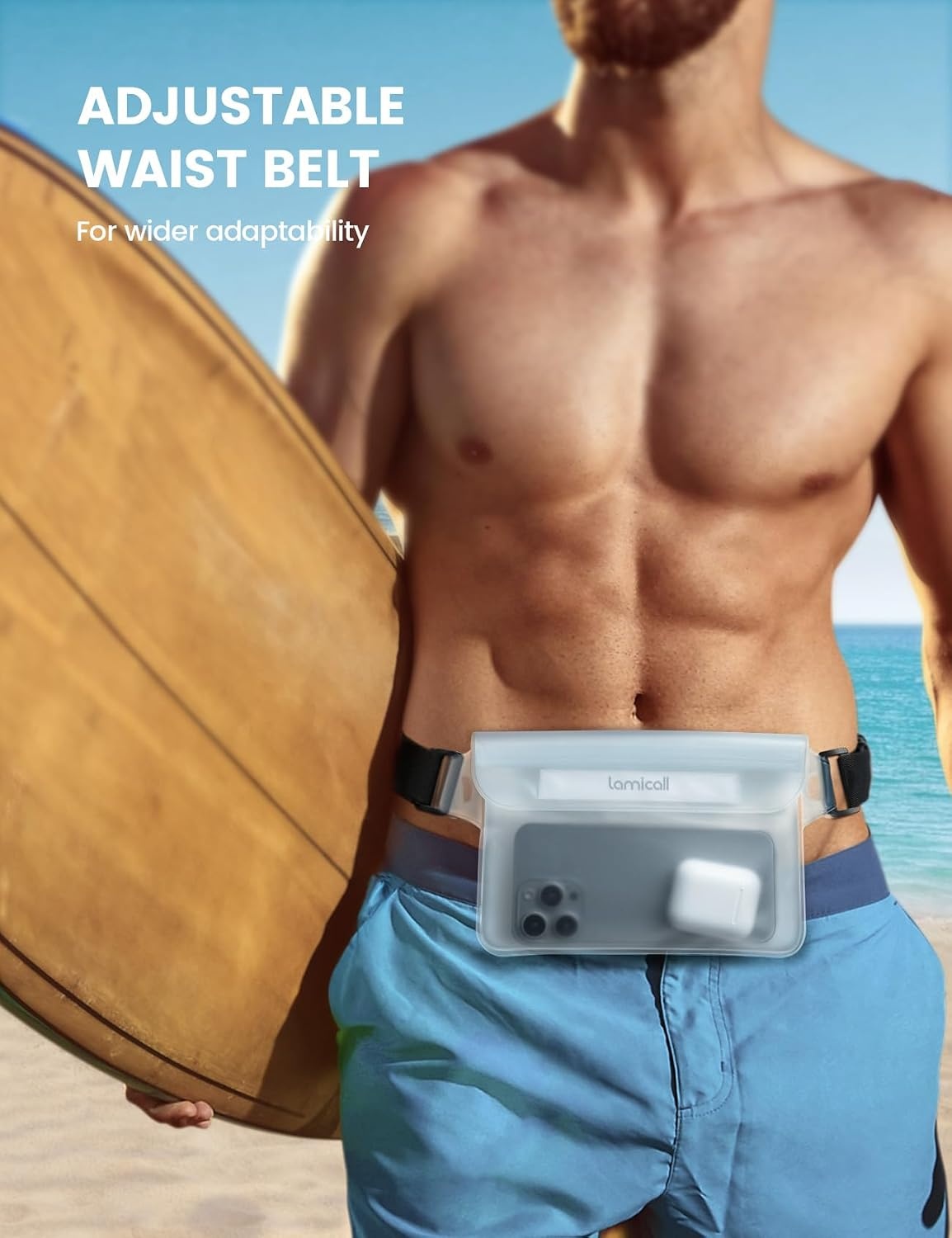 image:imageLamicall Waterproof Fanny Pack Pouch Large 87 Capacity fits iPad Mini amp iPhone 17 16 15 Pro Max with Case IPX8 Submersible Dry Bag for Cruise Essentials Snorkeling Kayaking Black 2PackClear Clear Elastic Strap