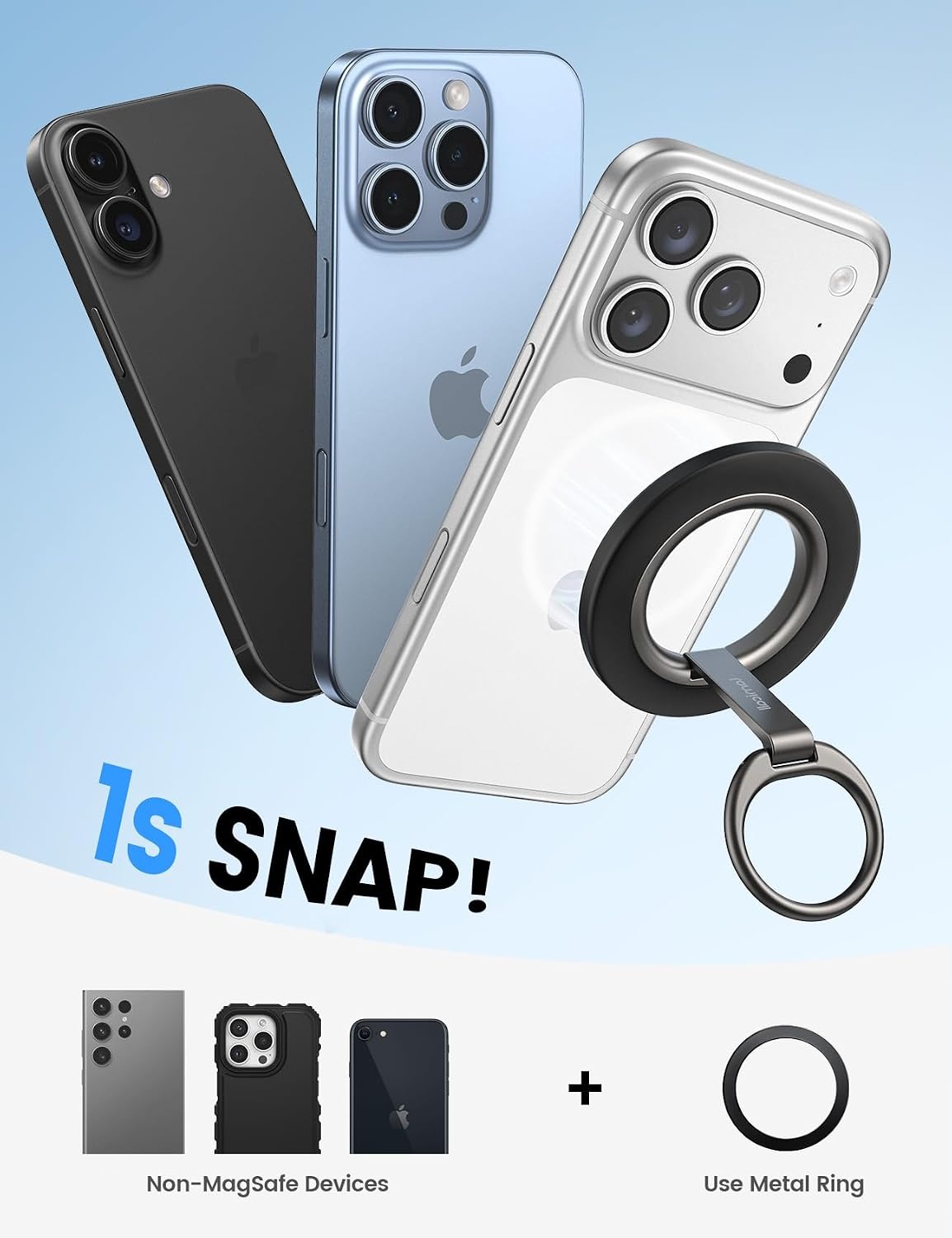 image:imageLamicall for MagSafe Magnetic Phone Ring Grip 360 Rotation Stand Holder Super Magnet Finger Grip Holder Kickstand for iPhone 17 16 15 14 13 12 Pro Max Air Androids Cellphone Mag Safe AccessoriesMisty Black