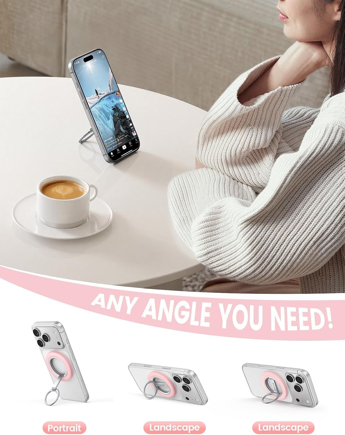 image:imageLamicall for MagSafe Magnetic Phone Ring Grip 360 Rotation Stand Holder Super Magnet Finger Grip Holder Kickstand for iPhone 17 16 15 14 13 12 Pro Max Air Androids Cellphone Mag Safe AccessoriesSakura Pink