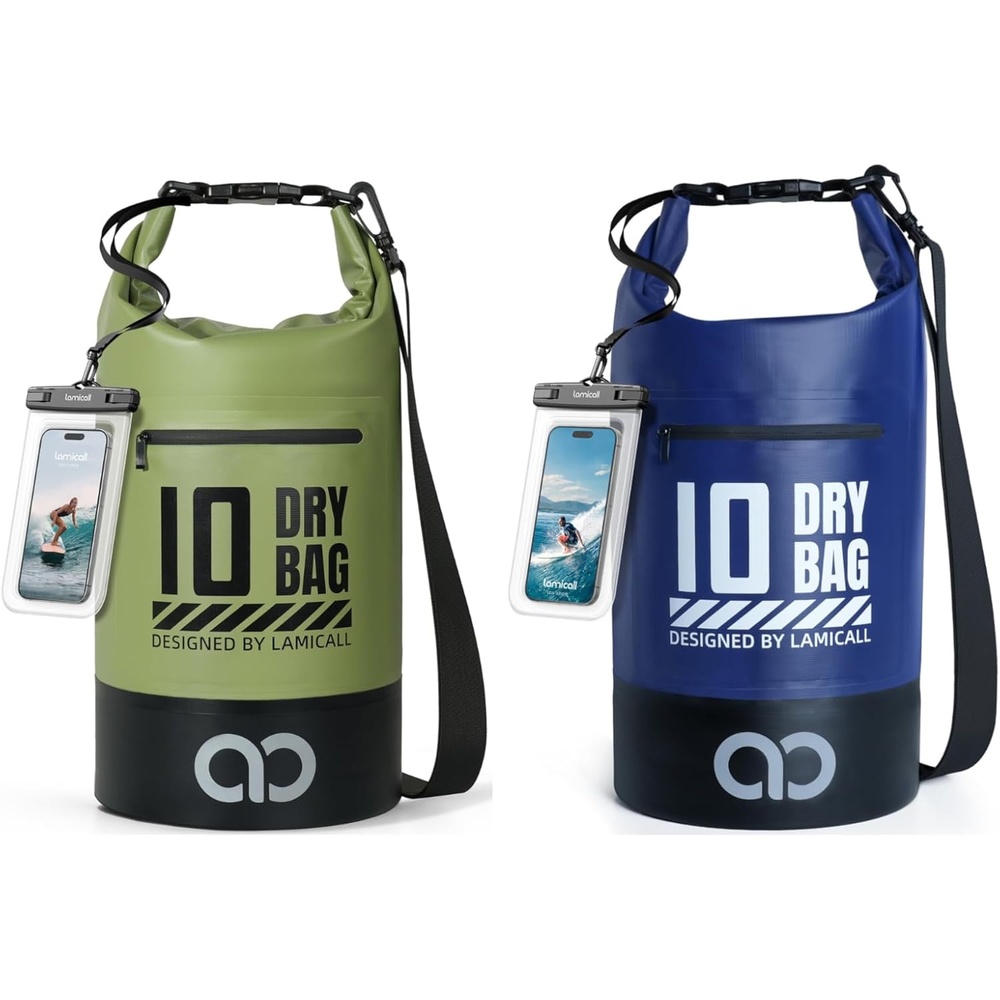 image:imageLamicall 10L Dry Bag Waterproof Backpack  Zippered Pocket Roll Top Waterproof Bag Olive Green amp Navy Blue