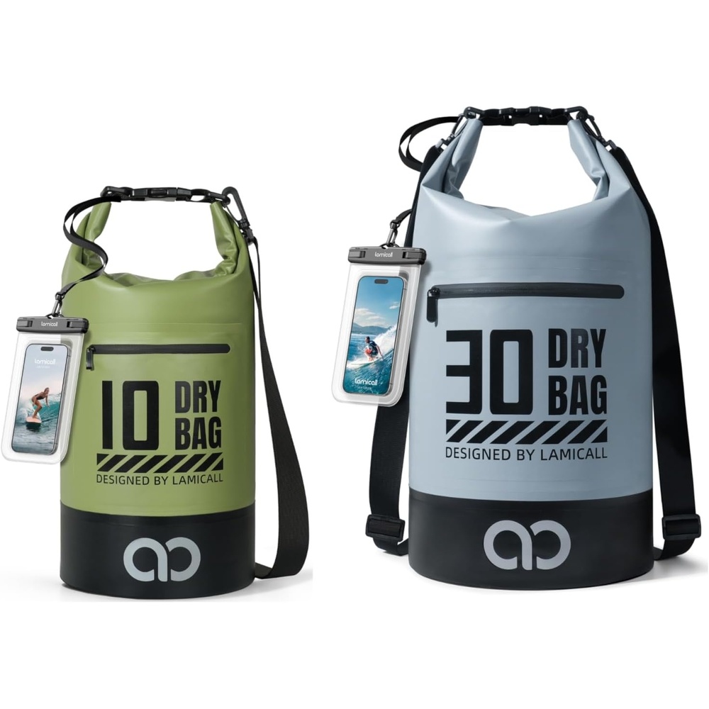 image:imageLamicall 10L amp 30L Dry Bag Waterproof Backpack Zippered Pocket Roll Top Waterproof Bag Olive Green amp Blueish Gray