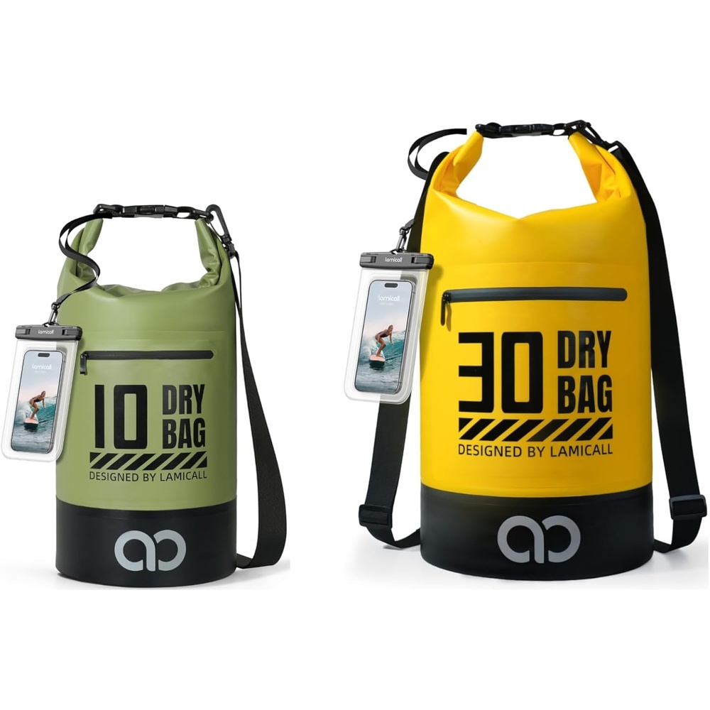 image:imageLamicall 10L amp 30L Dry Bag Waterproof Backpack Zippered Pocket Roll Top Waterproof Bag Olive Green amp Lemon Yellow