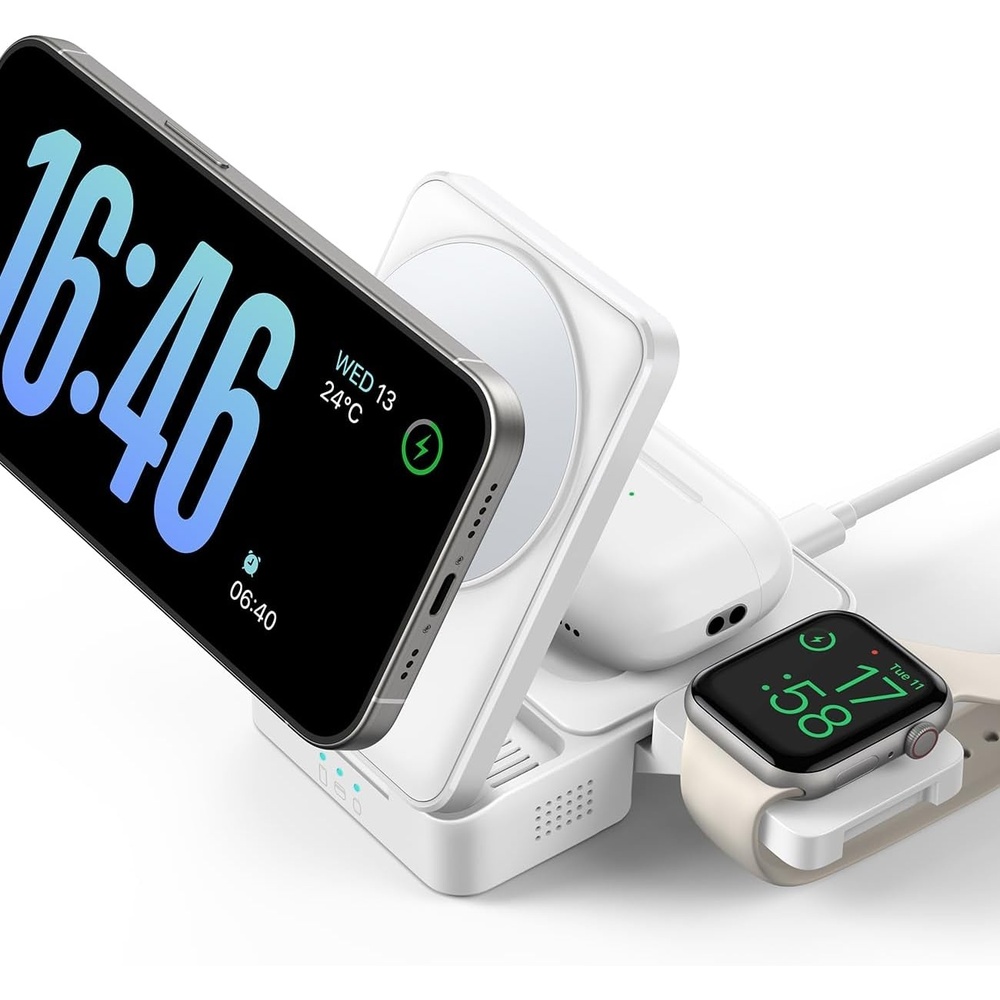image:imageLamicall 15W Qi2 PalmSized 3in1 Foldable Charging Station for MagSafe TravelReady Wireless Charging Stand for iPhone 17 12 Series AirPods Apple Watch Ultra StayCool DesignNonBatterySnow White Adapter