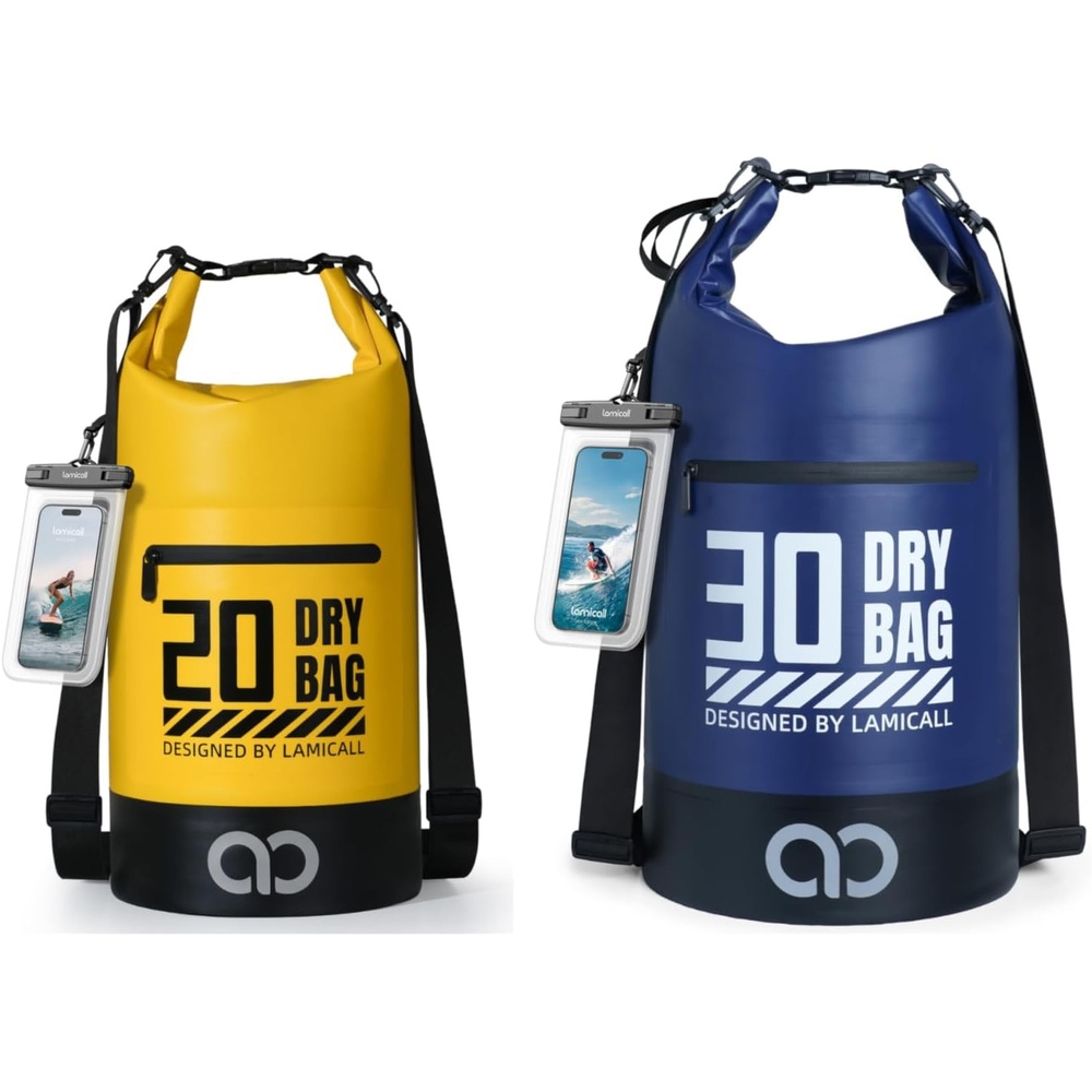 image:imageLamicall 20L amp 30L Dry Bag Waterproof Backpack Zippered Pocket Roll Top Waterproof Bag Navy Blue amp Lemon Yellow