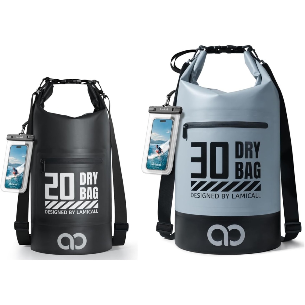 image:imageLamicall 30L amp 20L Dry Bag Waterproof Backpack Zippered Pocket Roll Top Waterproof Bag Blueish Gray amp Black
