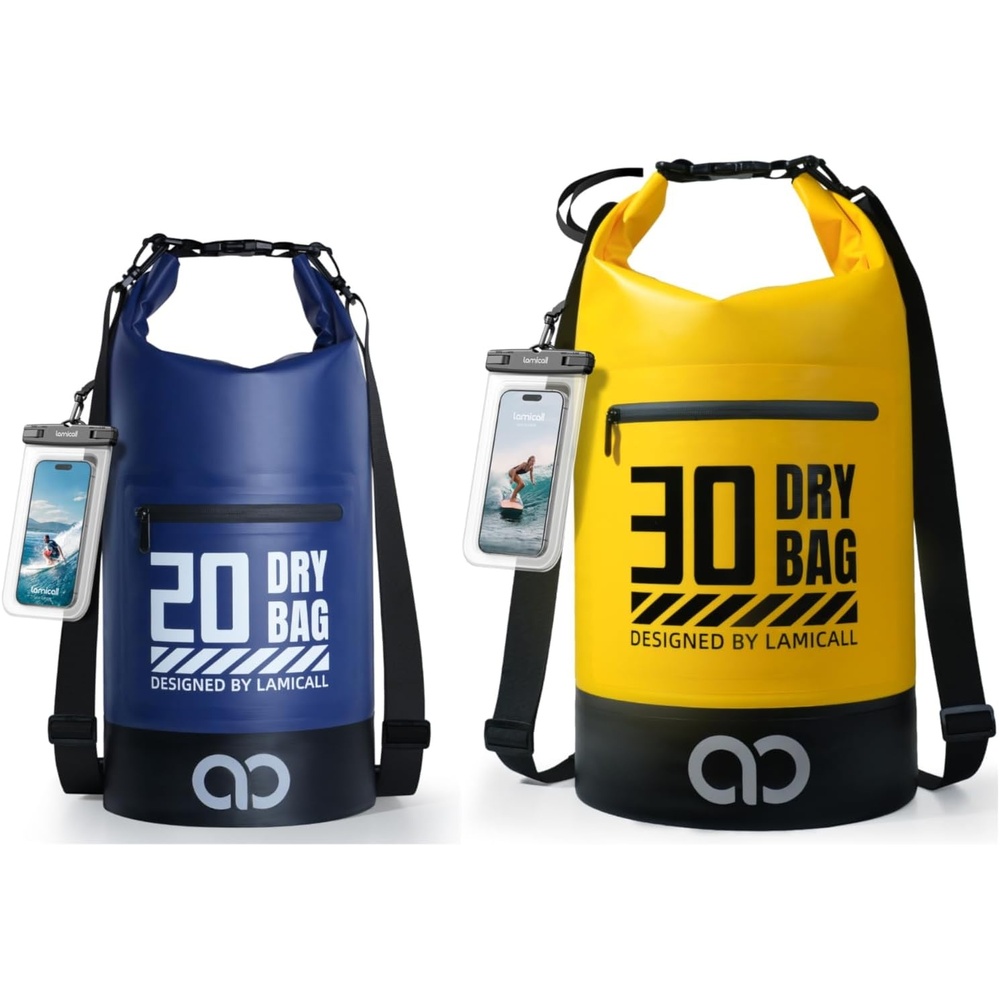 image:imageLamicall 30L amp 20L Dry Bag Waterproof Backpack Zippered Pocket Roll Top Waterproof Bag Navy Blue amp Lemon Yellow
