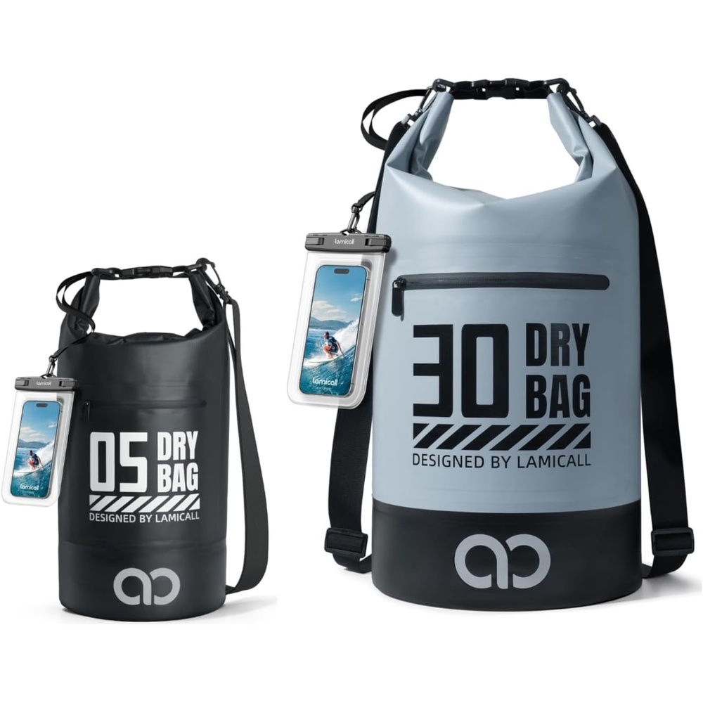 image:imageLamicall 30L amp 5L Dry Bag Waterproof Backpack Zippered Pocket Roll Top Waterproof Bag Blueish Gray amp Black