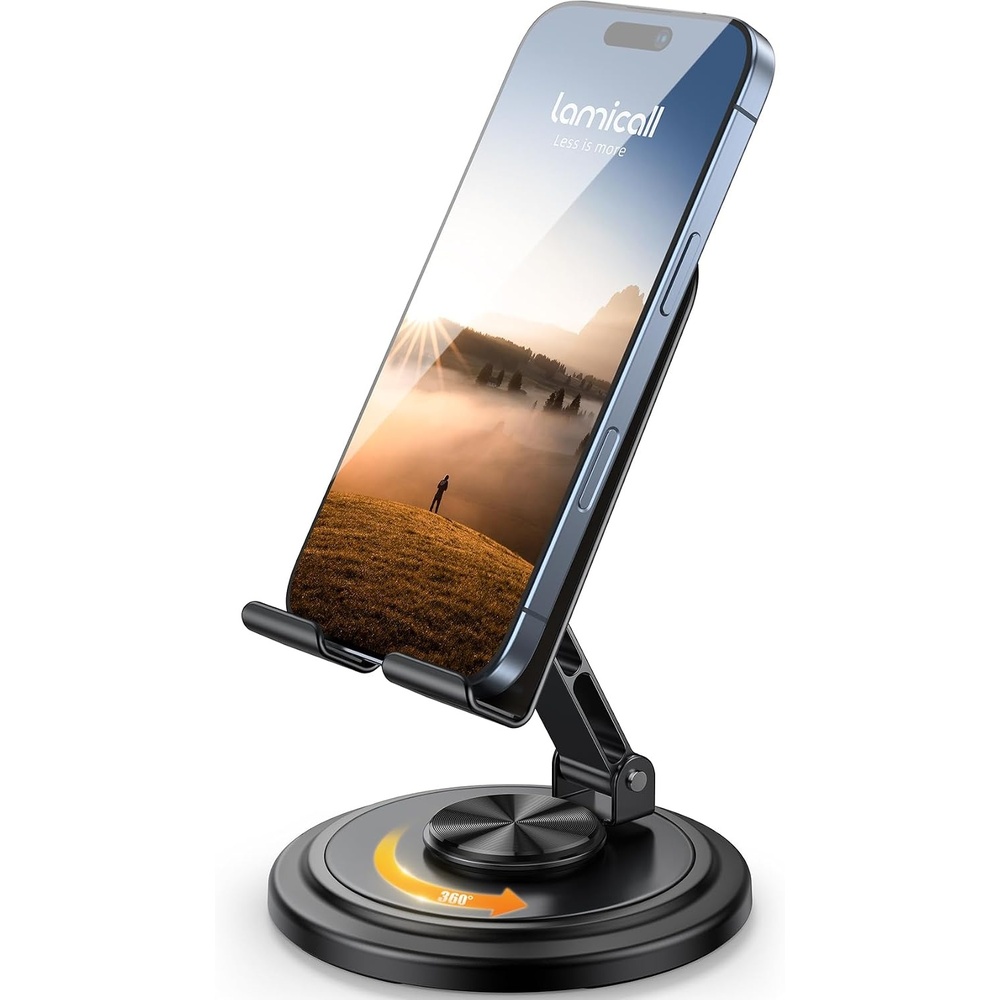 image:imageLamicall 360 Rotation Cell Phone Stand for Desk Sturdy Phone Holder  Foldable Adjustable Desktop Phone Stand Office Gaming Desk Accessories for iPhone 17 16 15 14 13 12 Pro Max Galaxy S26 S25Black