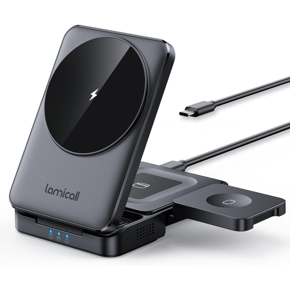 image:imageLamicall 3in1 Foldable Charging Station for Apple MagSafe PalmSized TravelReady Wireless Charging Stand for iPhone 171615141312 Series Apple Watch amp AirPods StayCool DesignBlack