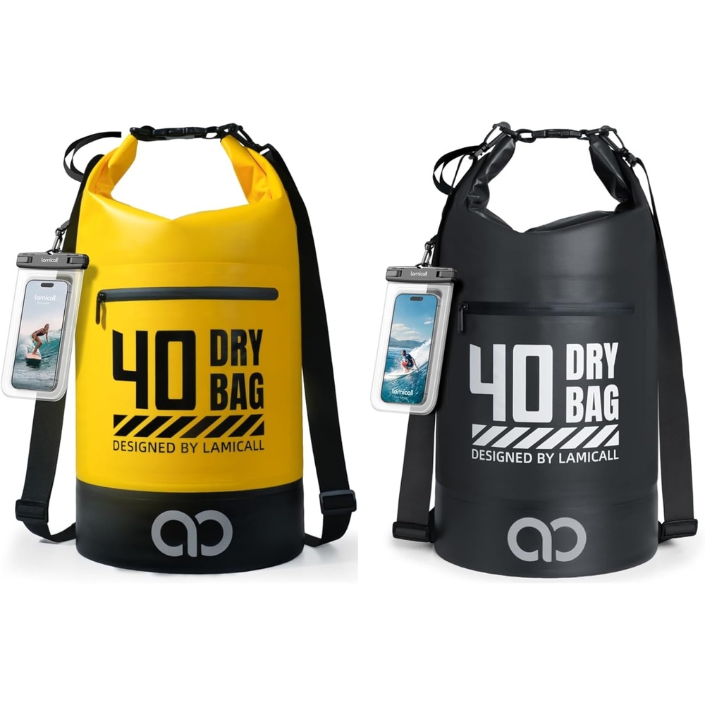image:imageLamicall 40L amp 40L Dry Bag Waterproof Backpack Zippered Pocket Roll Top Waterproof Bag Black amp Lemon Yellow
