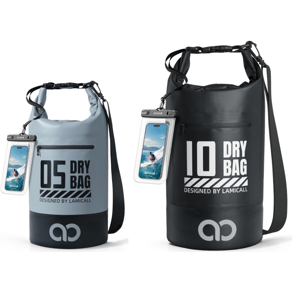 image:imageLamicall 5L amp 10L Dry Bag Waterproof Backpack Zippered Pocket Roll Top Waterproof Bag Blueish Gray amp Black